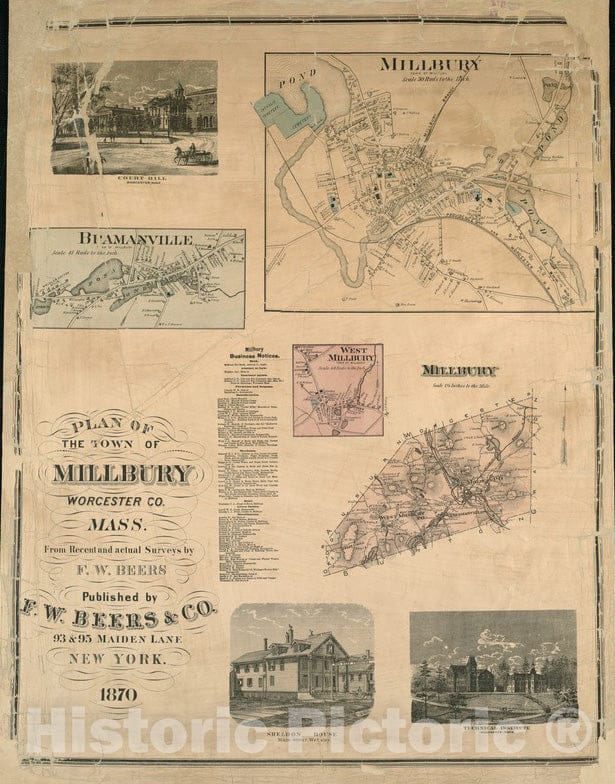 Historical Map, 1870 Plan of The Town of Millbury : Worcester Co. Mass. : from Recent and Actual surveys, Vintage Wall Art