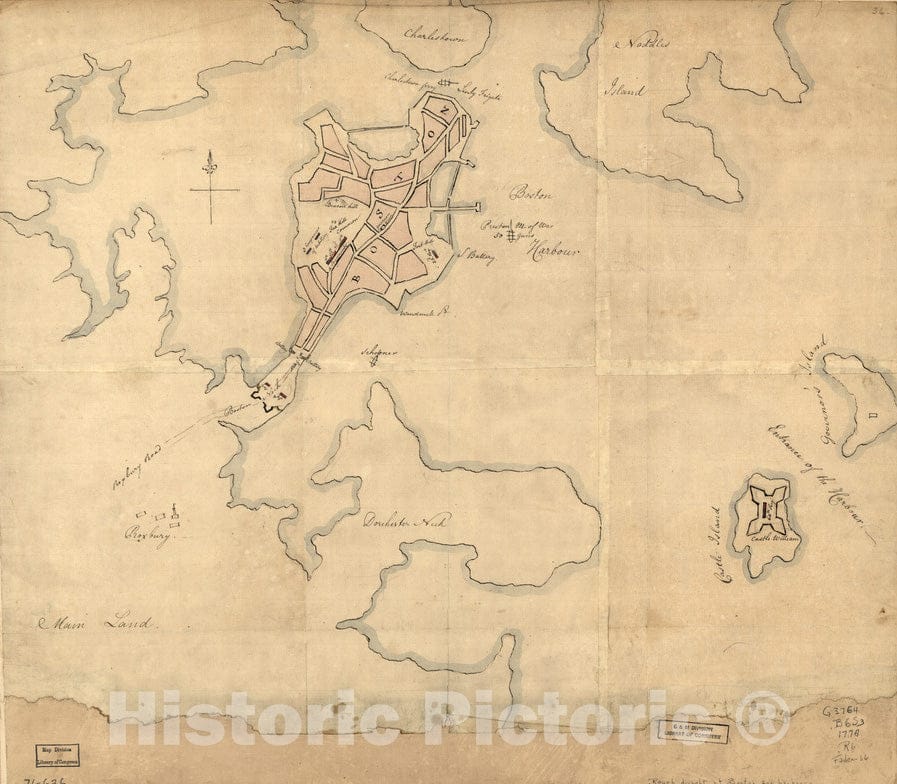 Historical Map, 1776 [Rough draught of Boston and harbour], Vintage Wall Art