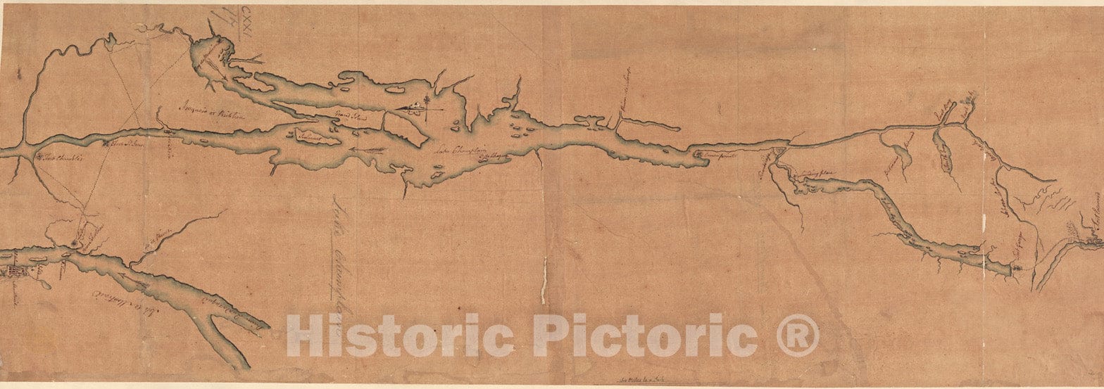Historical Map, 1759 [A map of Lake Champlain and Lake George, Showing The Route from Fort Edward to Montreal], Vintage Wall Art
