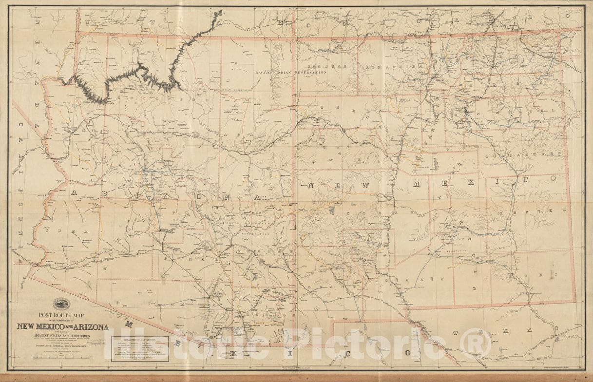 Historical Map, 1884 Post Route map of The Territories of New Mexico and Arizona with Parts of Adjacent States and Territories Showing Post Offices, Vintage Wall Art : 5131898