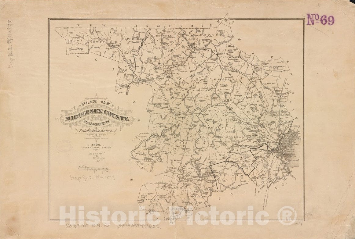 Historical Map, 1879 Plan of Middlesex County, Massachusetts, Vintage Wall Art