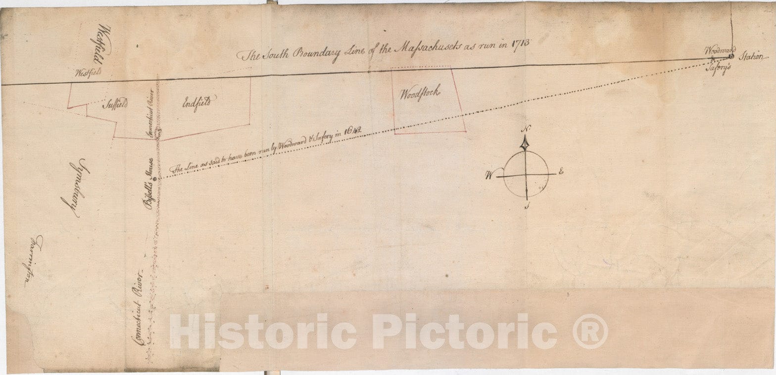 Historical Map, [Map Showing The Boundary line Between The Provinces of Massachusetts Bay and Connecticut by Woodward and Saffery in 1642 and as Run in 1713], Vintage Wall Art