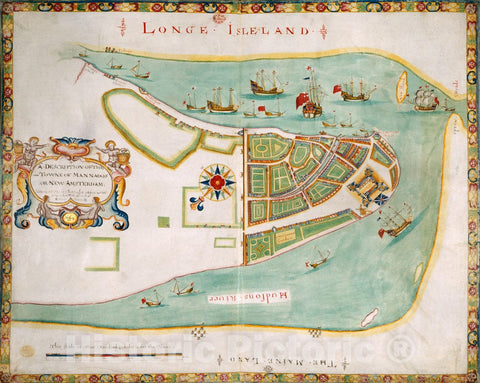 Historical Map, A Description of The Towne of MANNADOS OR New Amsterdam as it was in September 1661 Lying in Latitude 40 de: and 40,: Anno Domini 1664, Vintage Wall Art