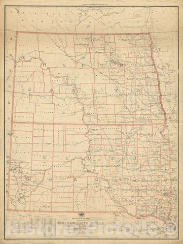 Historical Map, 1895 Post Route map of The States of North and South Dakota with Adjacent Parts of Montana, Wyoming, Nebraska, Iowa and Minnesota, Vintage Wall Art