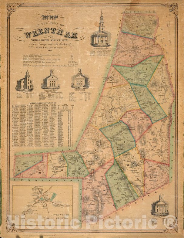 Historical Map, 1851 Map of The Town of Wrentham : Norfolk County, Massachusetts, Vintage Wall Art