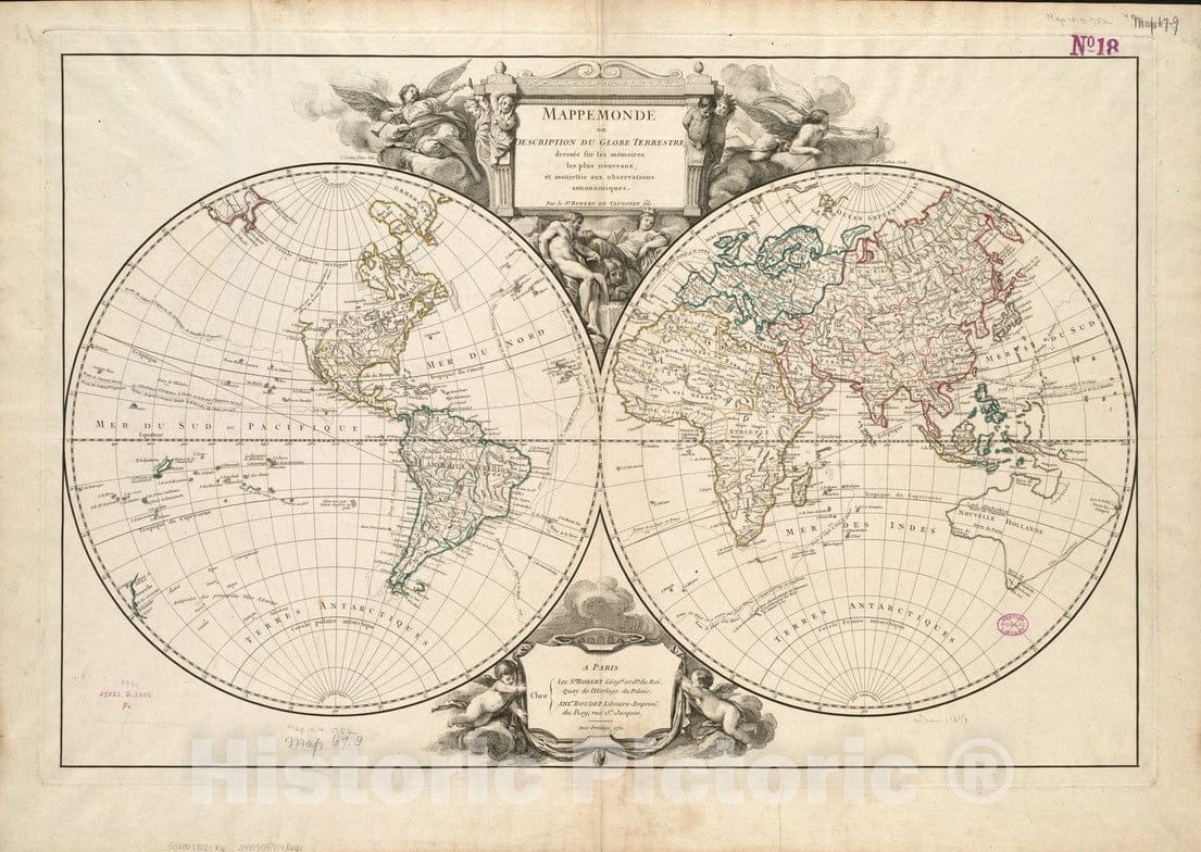 Historical Map, 1752 Mappemonde ou Description du Globe terrestre, Vin -  Historic Pictoric
