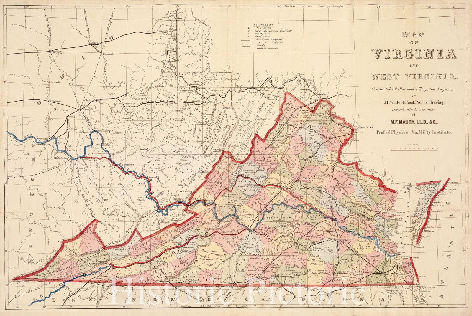 Historical Map, 1869 Map of Virginia and West Virginia, Vintage Wall Art