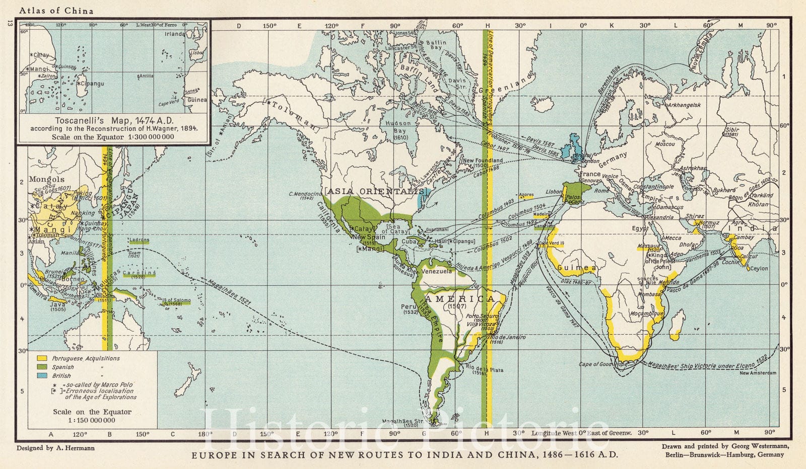 Historical Map, Europe in Search of New Routes to India and China, 1486-1616 A.D, Vintage Wall Art
