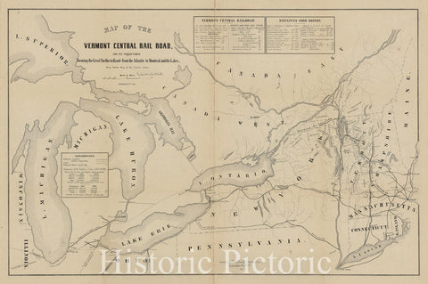 Historical Map, 1848 Map of The Vermont Central Rail Road and its Connections, Forming The Great Northern Route from The Atlantic to Montreal and The Lakes, Vintage Wall Art