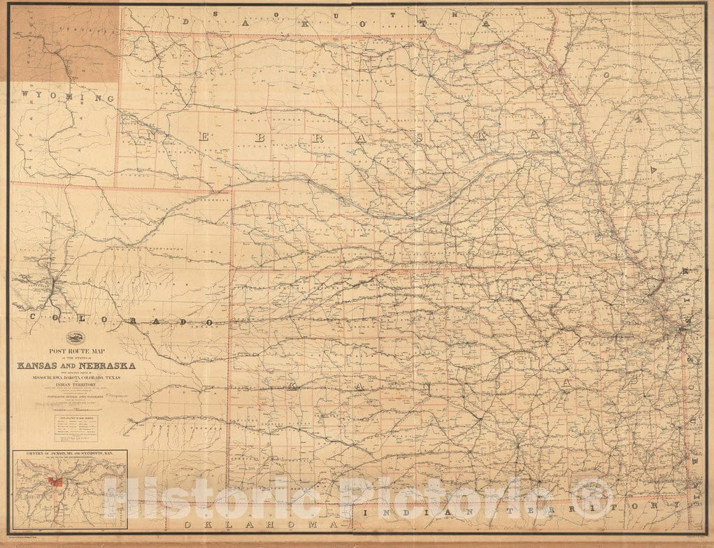 Historical Map, 1891 Post Route map of The States of Kansas and Nebraska with Adjacent Parts of Missouri, Iowa, Dakota, Colorado, Texas, and Indian Territory, Vintage Wall Art