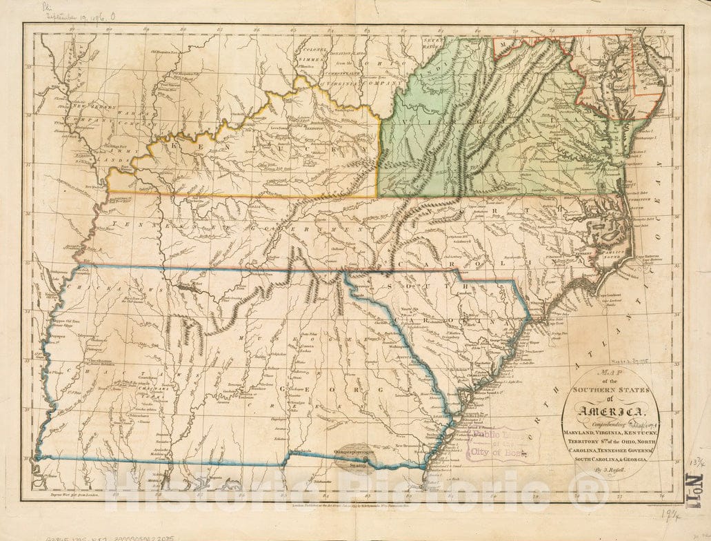 Historical Map, 1795 Map of the southern states of America, comprehending Maryland, Virginia, Kentucky, Territory s'th of the Ohio, North Carolina, Tennessee, Vintage Wall Art