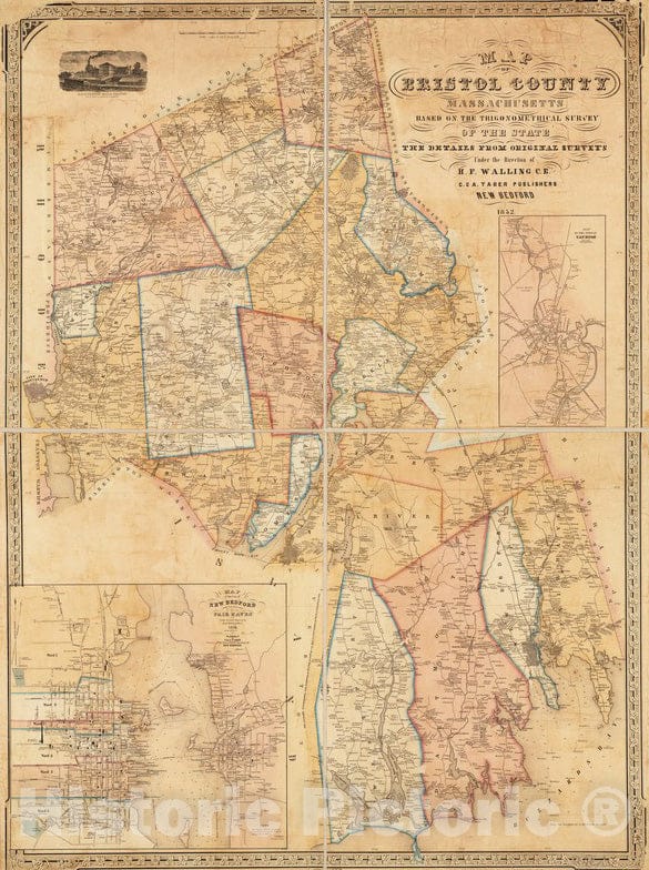 Historical Map, 1852 Map of Bristol County Massachusetts : Based on The Trigonometrical Survey of The State, Vintage Wall Art