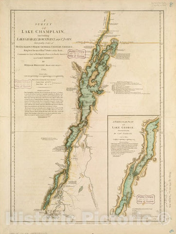 Historical Map, 1776 A survey of Lake Champlain, including Lake George, Crown Point, and St. John : surveyed by order of His Excellency Major-General Sr. Jeffery, Vintage Wall Art