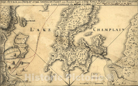 Historical Map, 1776 The Attack and defeat of the American fleet under Benedict Arnold : by the King's fleet commanded by Sir Guy Carleton upon Lake Champlain, 1776, Vintage Wall Art