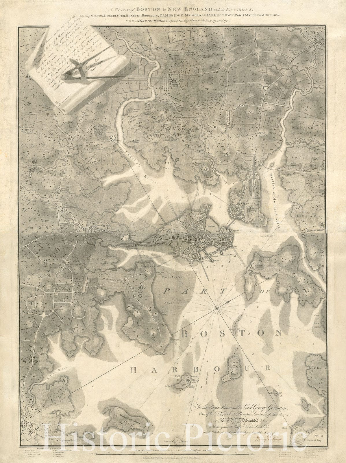 Historical Map, 1777 A Plan of Boston in New England with its environs : including Milton, Dorchester, Roxbury, Brooklin, Cambridge, Medford, Charlestown, Vintage Wall Art