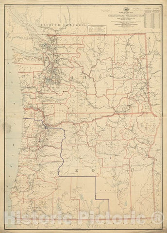 Historical Map, 1895 Post Route map of The States of Oregon and Washington with Adjacent States of Idaho, Nevada, California and British Columbia, Vintage Wall Art