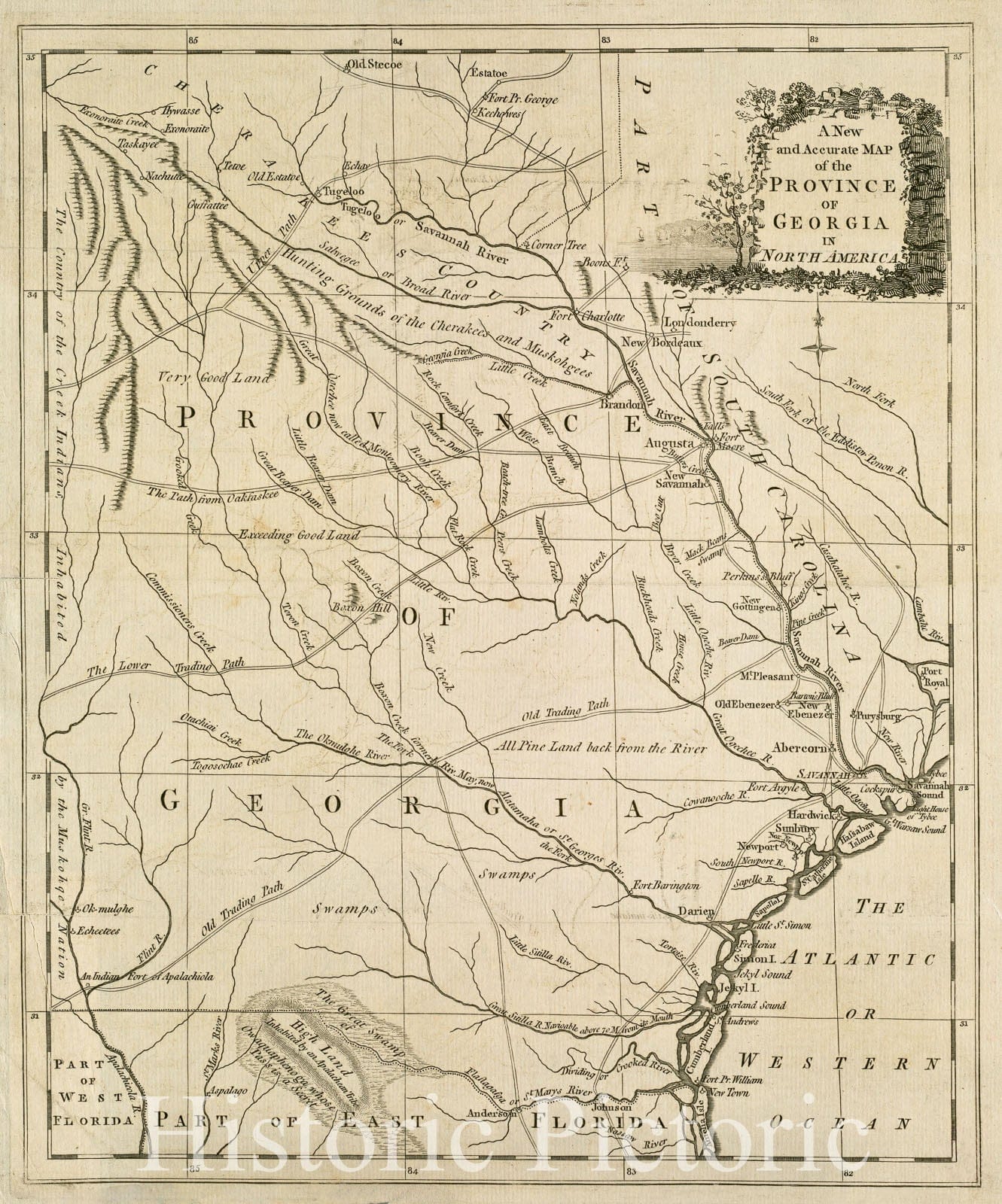 Historical Map, 1779 A New and Accurate map of The Province of Georgia in North America, Vintage Wall Art