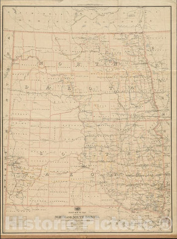 Historical Map, 1891 Post Route map of The States of North and South Dakota with Adjacent Parts of Montana, Wyoming, Nebraska, Iowa and Minnesota, Vintage Wall Art