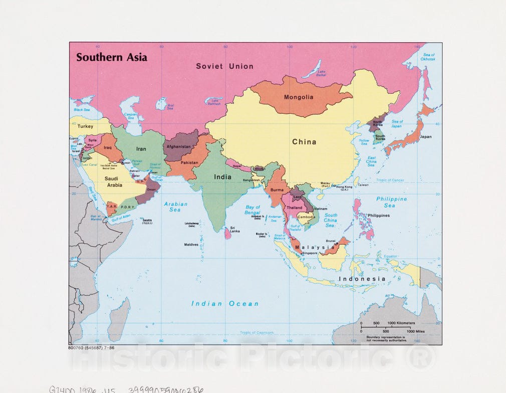 Historical Map, 1986 Southern Asia, Vintage Wall Art