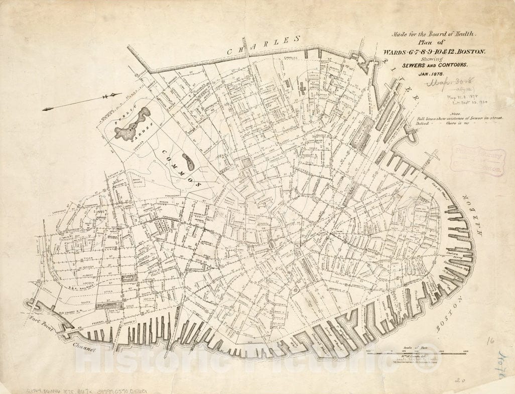 Historical Map, Plan of wards 6, 7, 8, 9, 10 and 12, Boston : showing sewers and contours : Jan, 1878, Vintage Wall Art