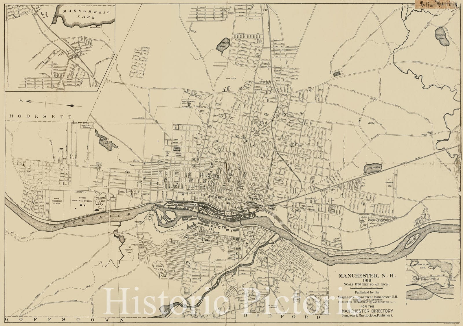 Historical Map, 1919 Manchester, N.H, Vintage Wall Art