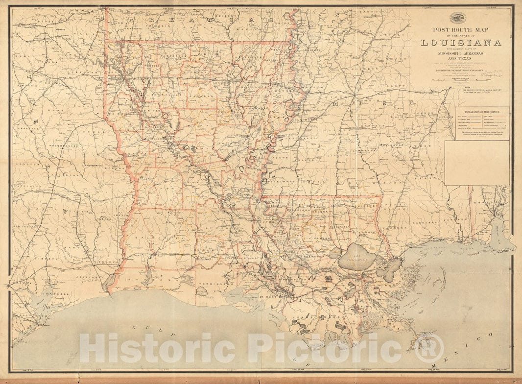 Historical Map, 1891 Post Route map of The State of Louisiana with Adjacent Parts of Mississippi, Arkansas, and Texas Showing Post Offices, Vintage Wall Art