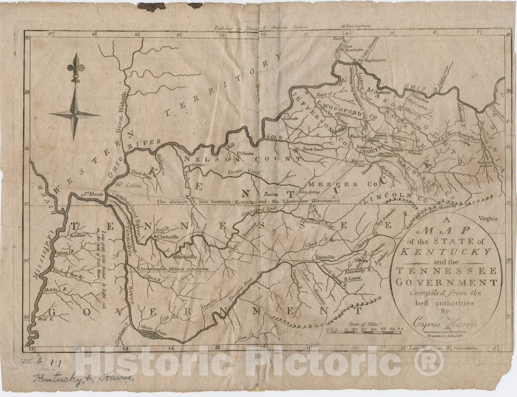 Historical Map, 1796 A map of The State of Kentucky and The Tennessee Government, Vintage Wall Art