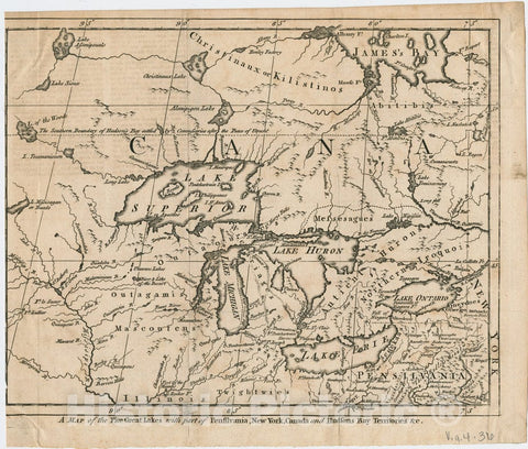 Historical Map, 1755 A Map of The Five Great Lakes with Part of Pensilvania, New York, Canada, and Hudsons Bay Territories et Cetera, Vintage Wall Art
