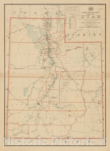 Historical Map, 1897 Post Route map of The State of Utah Showing Post Offices with The Intermediate Distances on Mail Routes in Operation on The 1st. of December, 1897, Vintage Wall Art