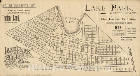 Historical Map, 1890 Lake Park, Athol, Mass, Vintage Wall Art