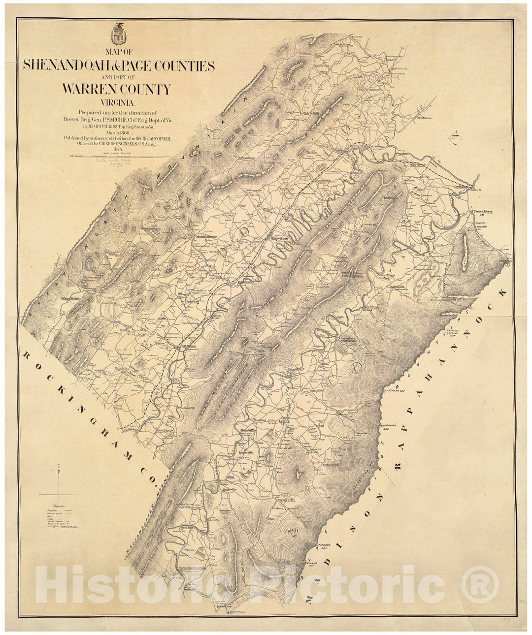 Historical Map, 1875 Map of Shenandoah & Page Counties and Part of Warren County, Virginia, Vintage Wall Art