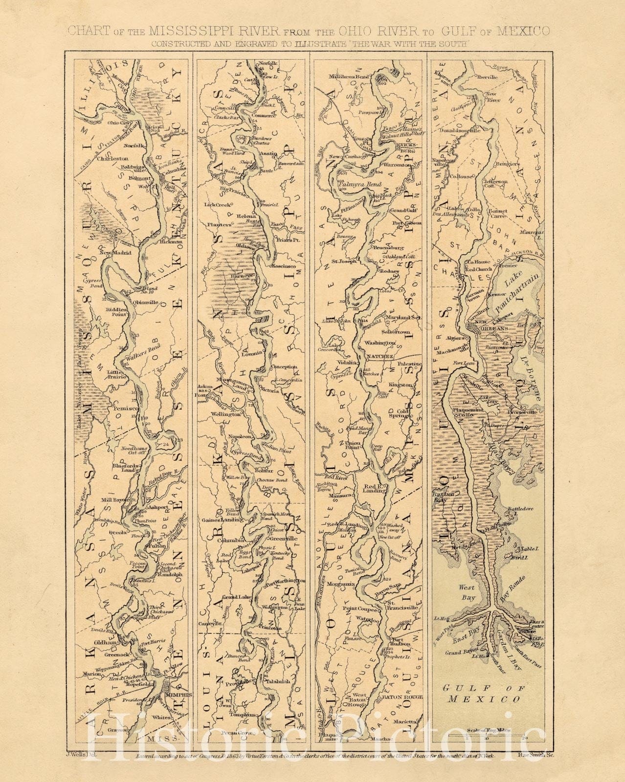 Historical Map, c.1863 Chart of The Mississippi River from The Ohio River to Gulf of Mexico : Constructed and Engraved to illustrate 'The War with The South', Vintage Wall Art