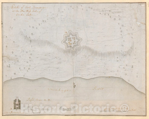 Historical Map, 1759 Sketch of Fort Brewerton at The The West End of Onide Lake, Vintage Wall Art