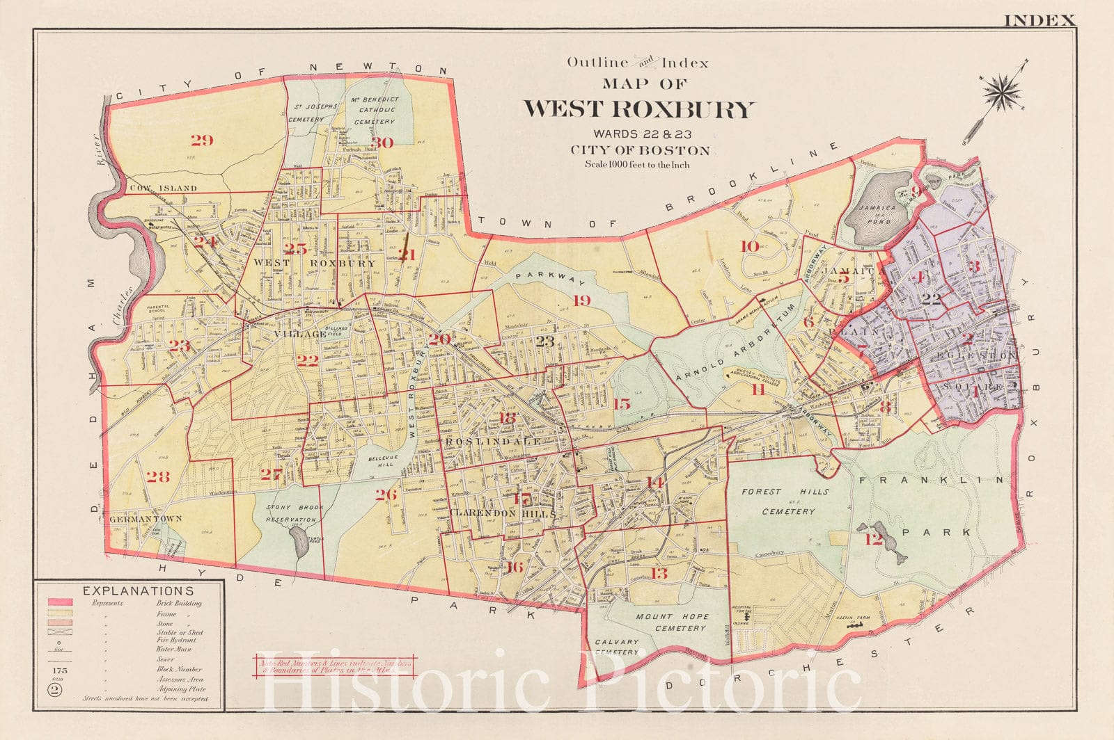Historical Map, 1905 Outline and Index map of West Roxbury, wards 22 & 23, City of Boston, Vintage Wall Art