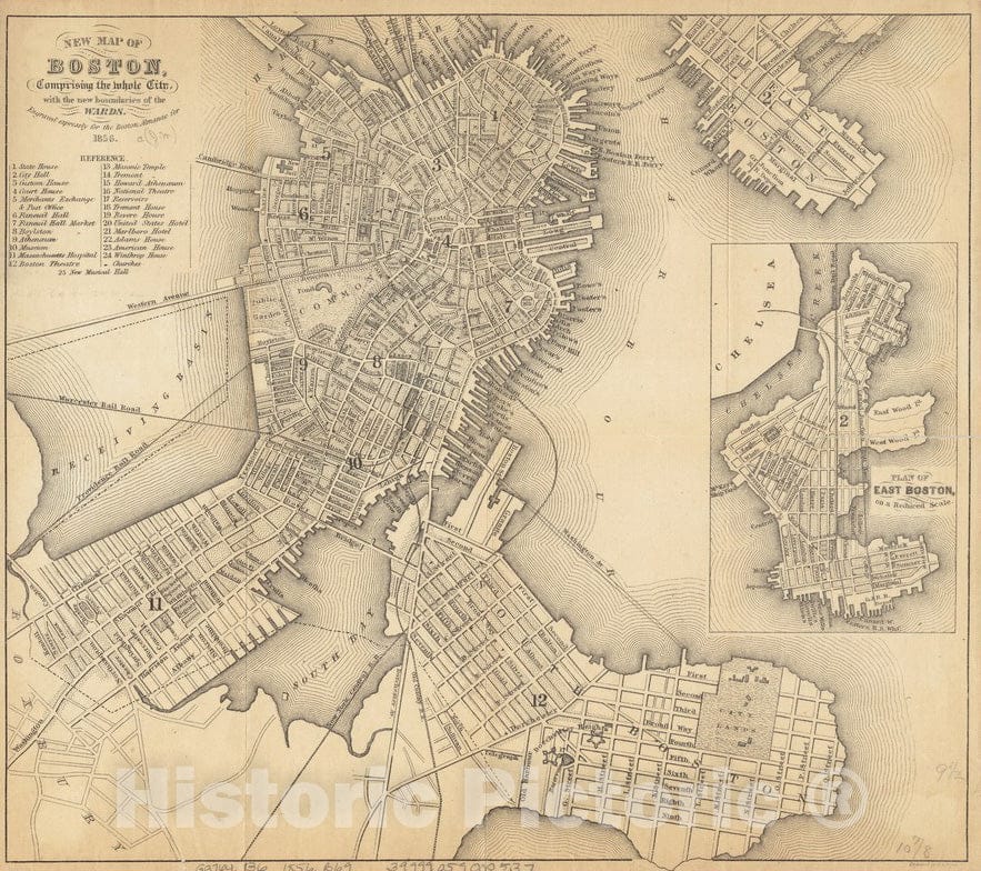 Historical Map, 1856 New map of Boston, comprising The Whole City, with The New Boundaries of The wards, Vintage Wall Art