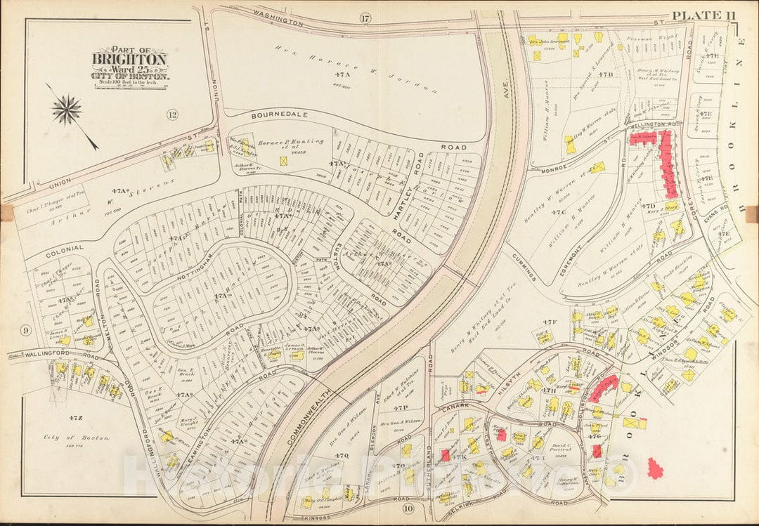 Historical Map, 1909 Atlas of The City of Boston, Ward 25, Brighton : Plate 11, Vintage Wall Art