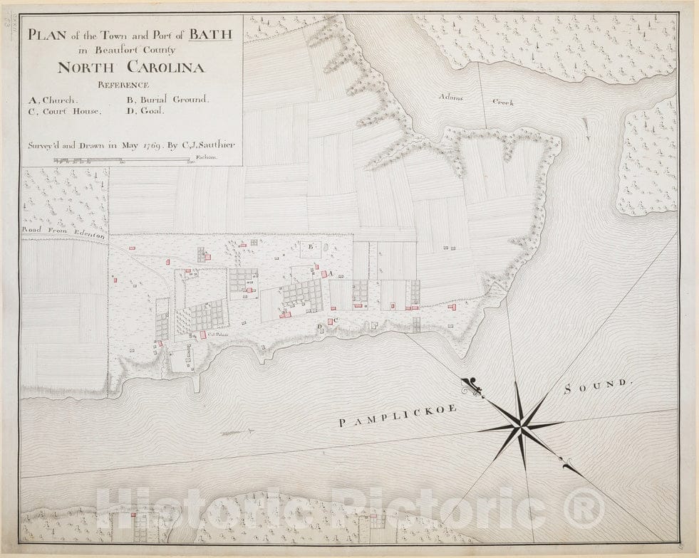 Historical Map, 1769 Plan of The Town and Port of Bath in Beaufort County North Carolina, Vintage Wall Art