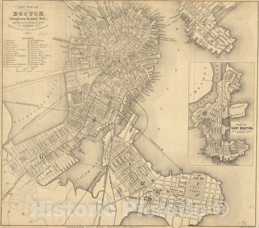 Historical Map, 1857 New map of Boston, comprising the whole city, with the new boundaries of the wards, Vintage Wall Art : 5133193