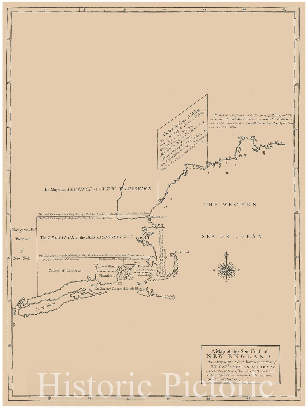 Historical Map, ca. 1740 A Map of The Sea Coasts of New England According to The Actual Survey Made thereof by Cap.T Cyprian SOUTHACK, Vintage Wall Art