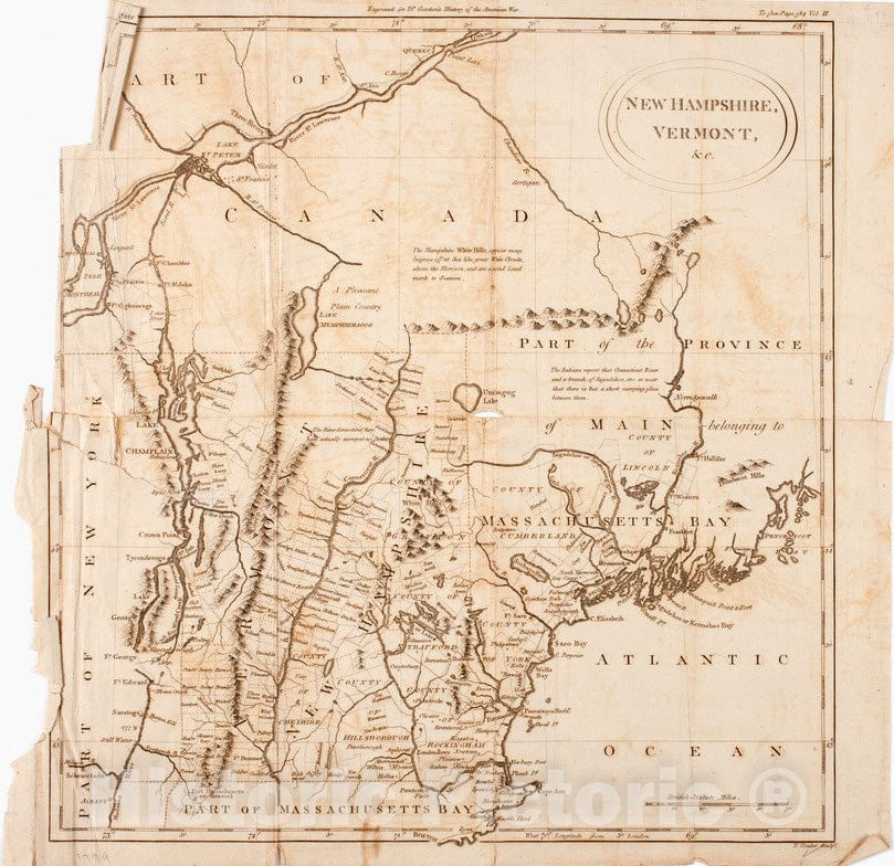 Historical Map, 1777 New Hampshire, Vermont, et Cetera, Vintage Wall Art