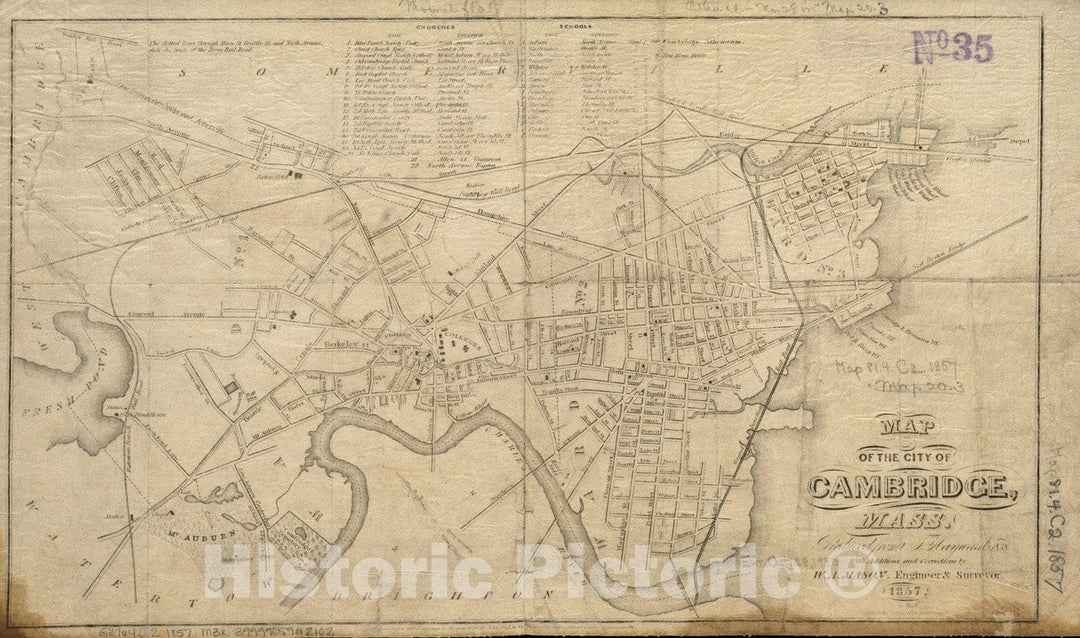 Historical Map, Map of the city of Cambridge, Mass : reduced from J. Hayward's 1838 : with additions and corrections, Vintage Wall Art