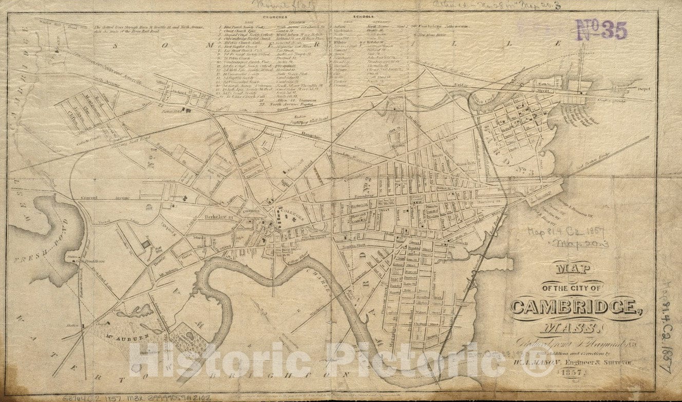 Historical Map, Map of the city of Cambridge, Mass : reduced from J. Hayward's 1838 : with additions and corrections, Vintage Wall Art