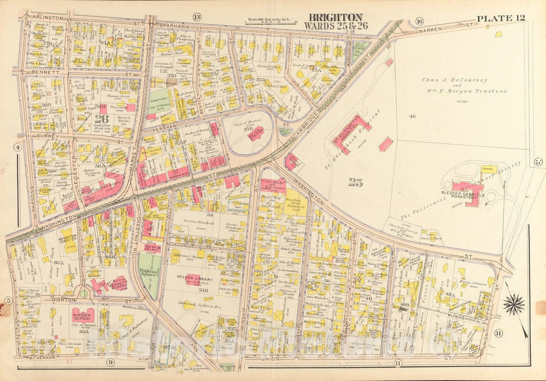 Historical Map, 1916 Atlas of the city of Boston, wards 25 & 26, Brighton : plate 12, Vintage Wall Art