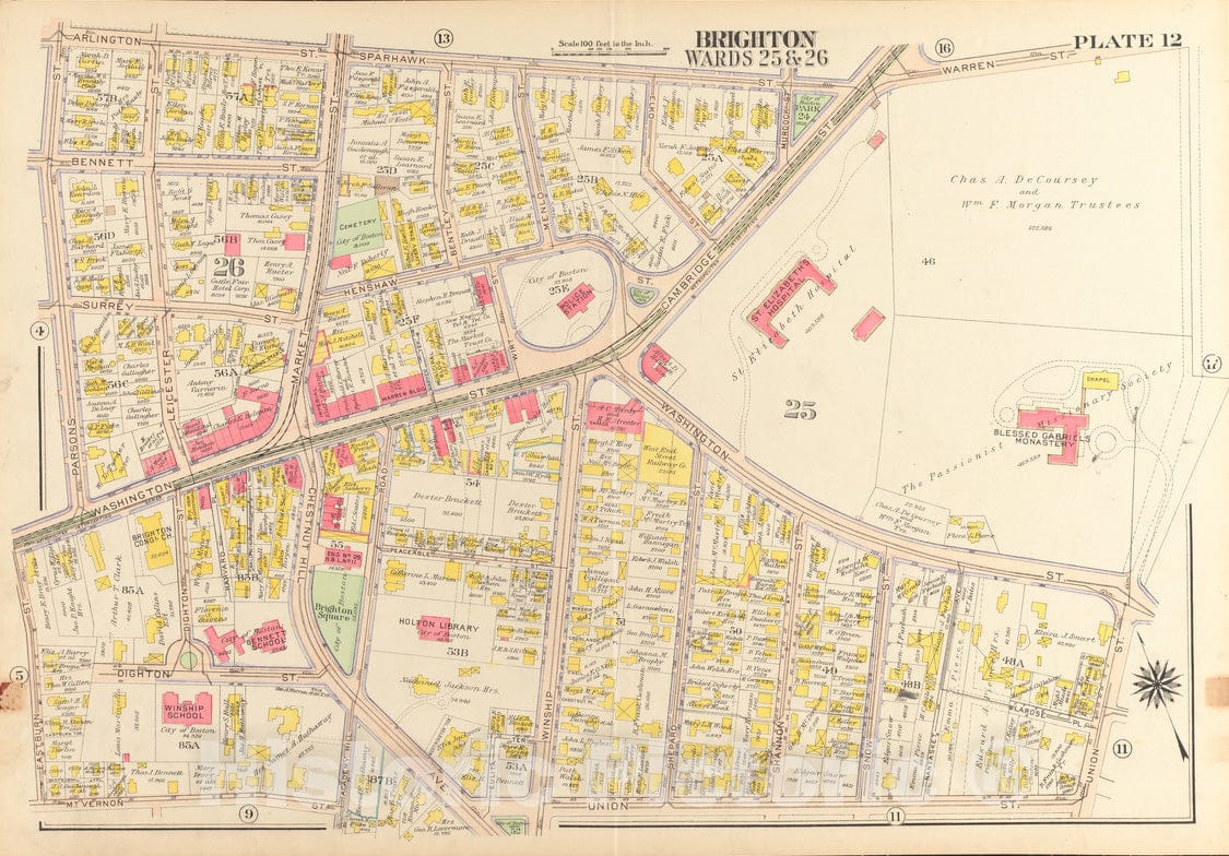 Historical Map, 1916 Atlas of the city of Boston, wards 25 & 26, Brighton : plate 12, Vintage Wall Art