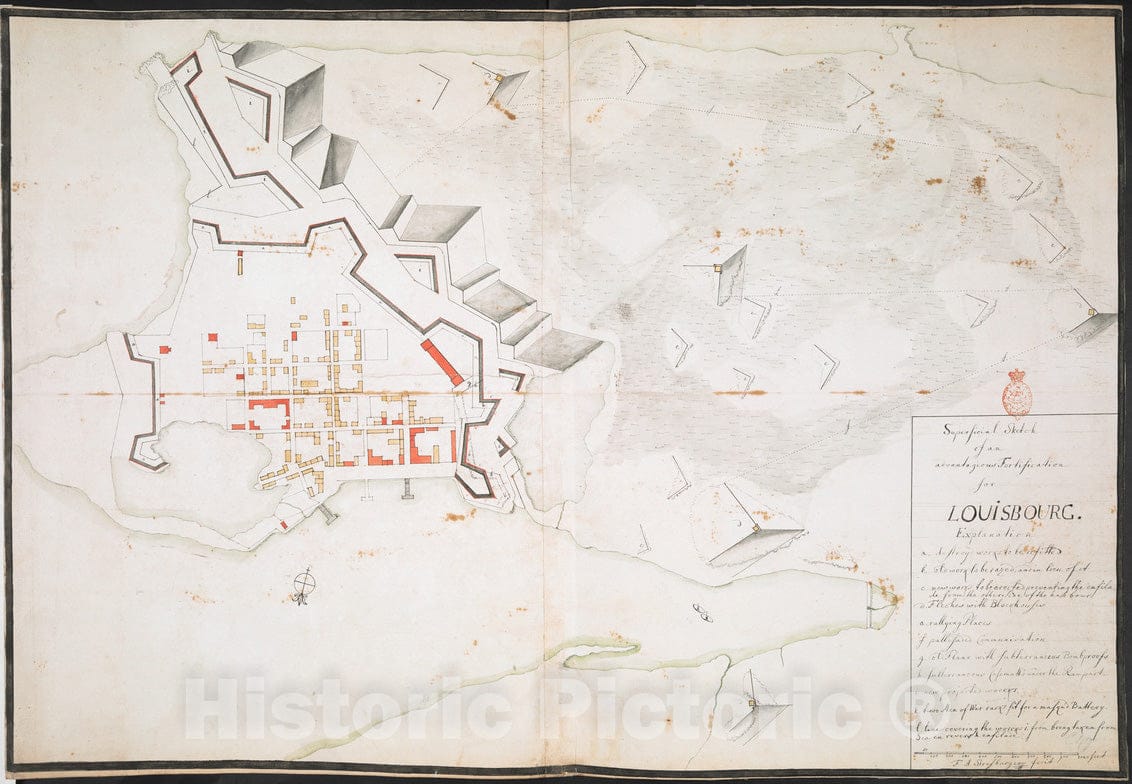 Historical Map, 1742-1768 Superficial Sketch of an advantagious Fortification for LOUISBOURG, Vintage Wall Art