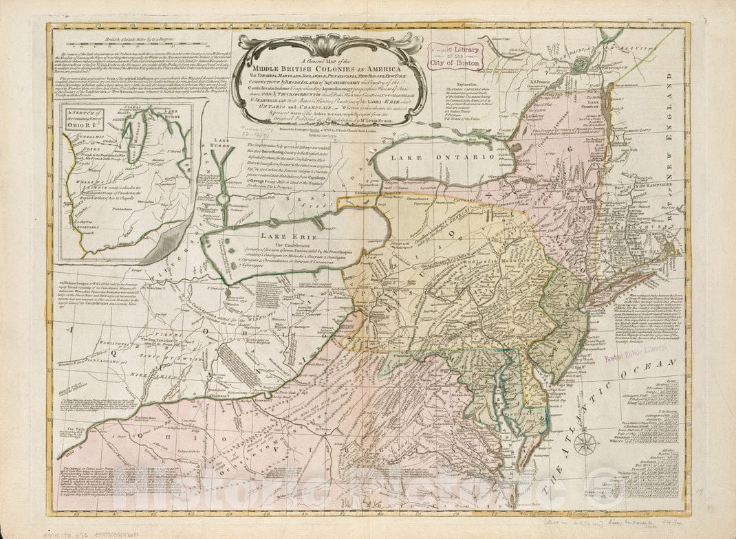 Historical Map, 1771 A General map of The Middle British Colonies in America, viz. Virginia, Maryland, Delaware, Pensilvania, New-Jersey, New York, Connecticut, Vintage Wall Art