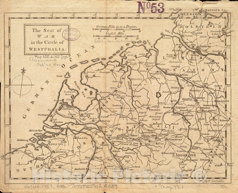 Historical Map, 1757 The seat of war in The Circle of Westphalia, Vintage Wall Art