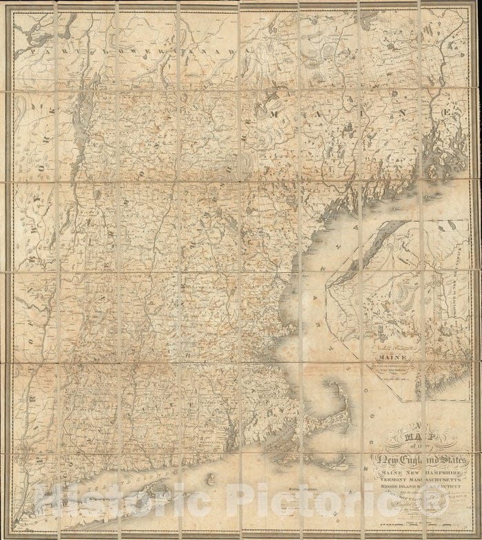 Historical Map, 1826 A map of The New England States : Maine, New Hampshire, Vermont, Massachusetts, Rhode Island & Connecticut, Vintage Wall Art