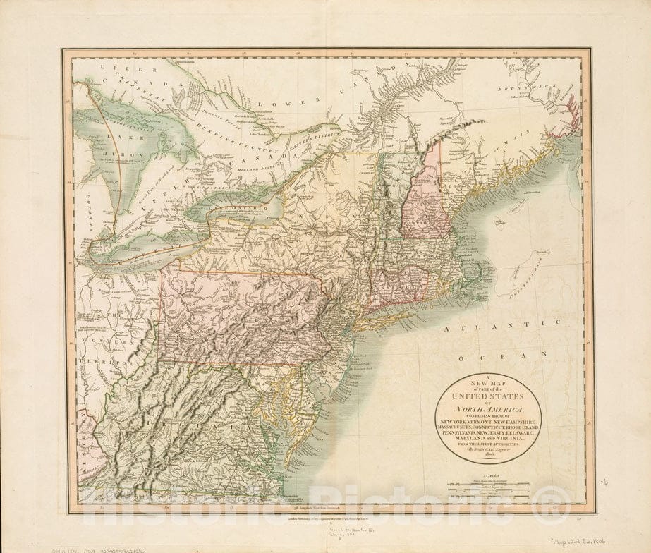 Historical Map, 1806 A New map of pof The United States of North America, containing Those of New York, Vermont, New Hampshire, Massachusets [sic], Connecticut, Vintage Wall Art