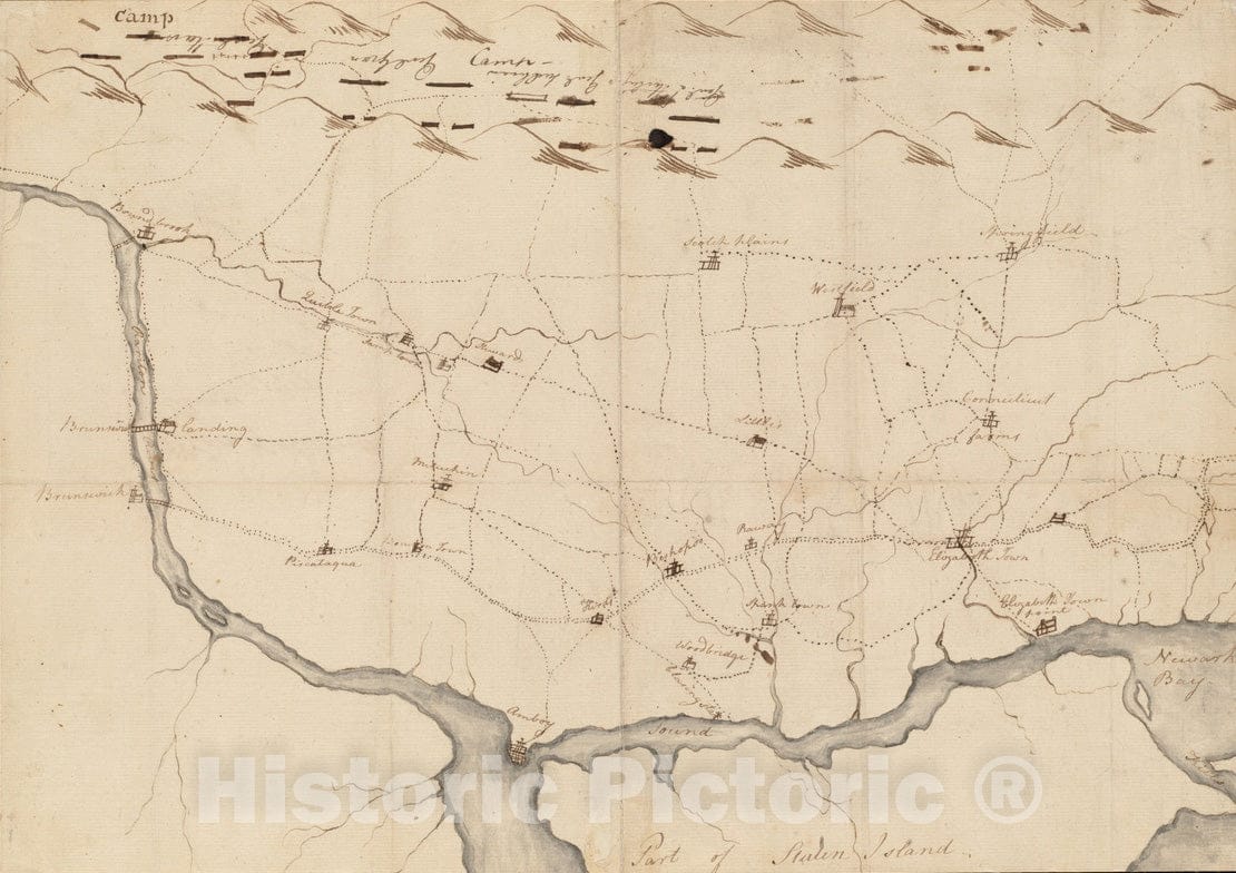 Historical Map, 1777 Map of American Camp in New Jersey and Surrounding Countryside, Vintage Wall Art